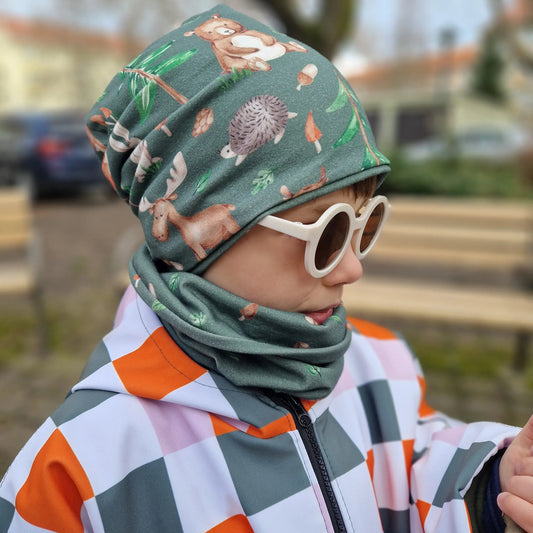 Kombistoff Karo – Waldfreunde in Orange, Grün & Flieder - HIP SOM HAP