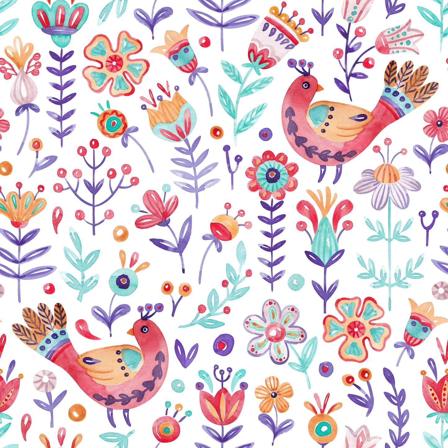 Kunterbunt – Stoff mit Blumen und Vögeln im Folk-Stil als Meterware