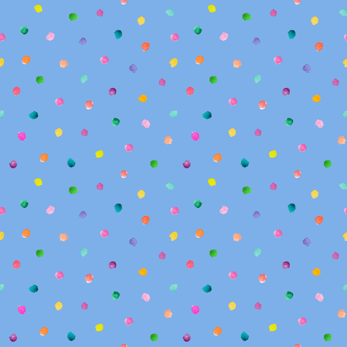 Stoff mit Punkten Aquarell – locker verteilte, handgemalte Konfetti-Punkte in Pink, Orange, Grün und Gelb auf klarem Kornblumenblau. Reaktivdruck auf Öko-Tex Standard 100 zertifizierten Stoffqualitäten, Meterware.
