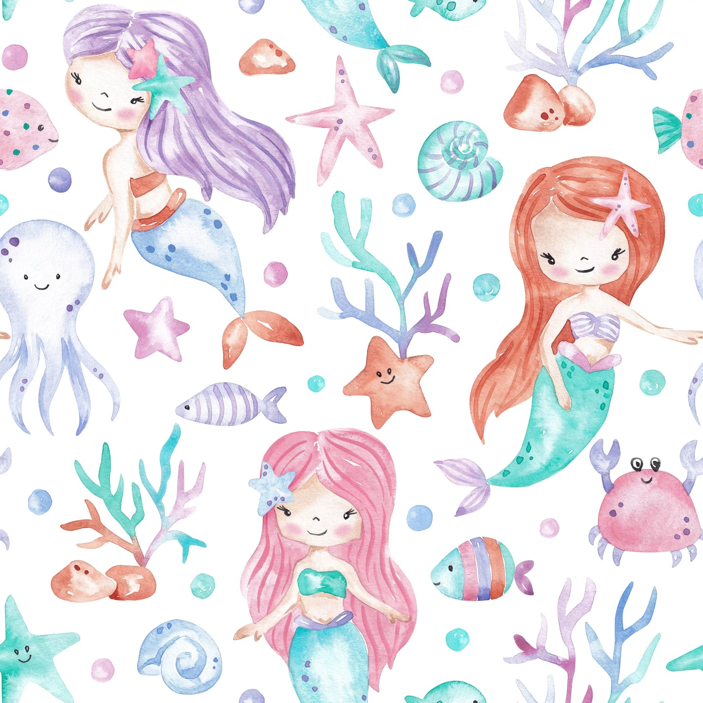 Meerjungfrau Stoff für Kinder in Weiß mit handgemalten Meerjungfrauen, Oktopus, Seesternen, Muscheln und Fischen im Aquarellstil