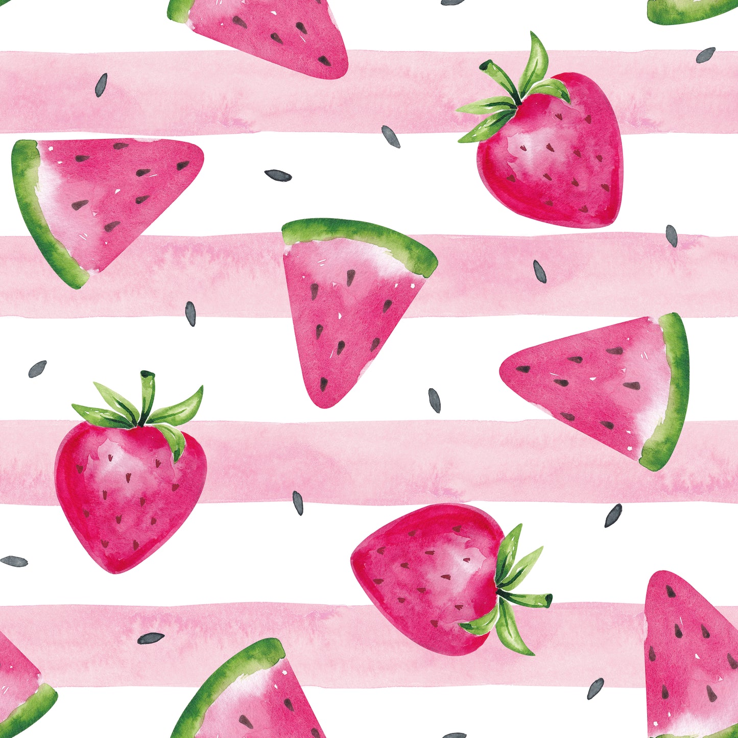 Erdbeerstoff mit Aquarellstreifen – handgemalte Erdbeeren und rosa Streifen auf weißem Hintergrund. Reaktivdruck auf Öko-Tex Standard 100 zertifizierten Stoffqualitäten, Meterware für Kinder- und Damenkleidung.