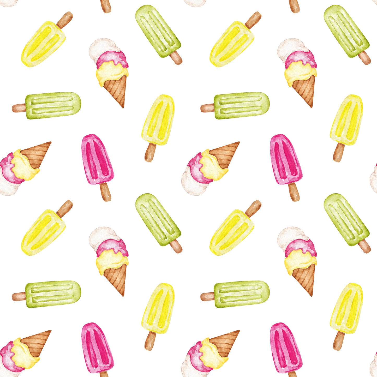 Weißer Stoff mit handgemaltem Eis am Stiel und Eistüten in Gelb, Grün und Pink, buntes Sommerdesign für Kinderkleidung.