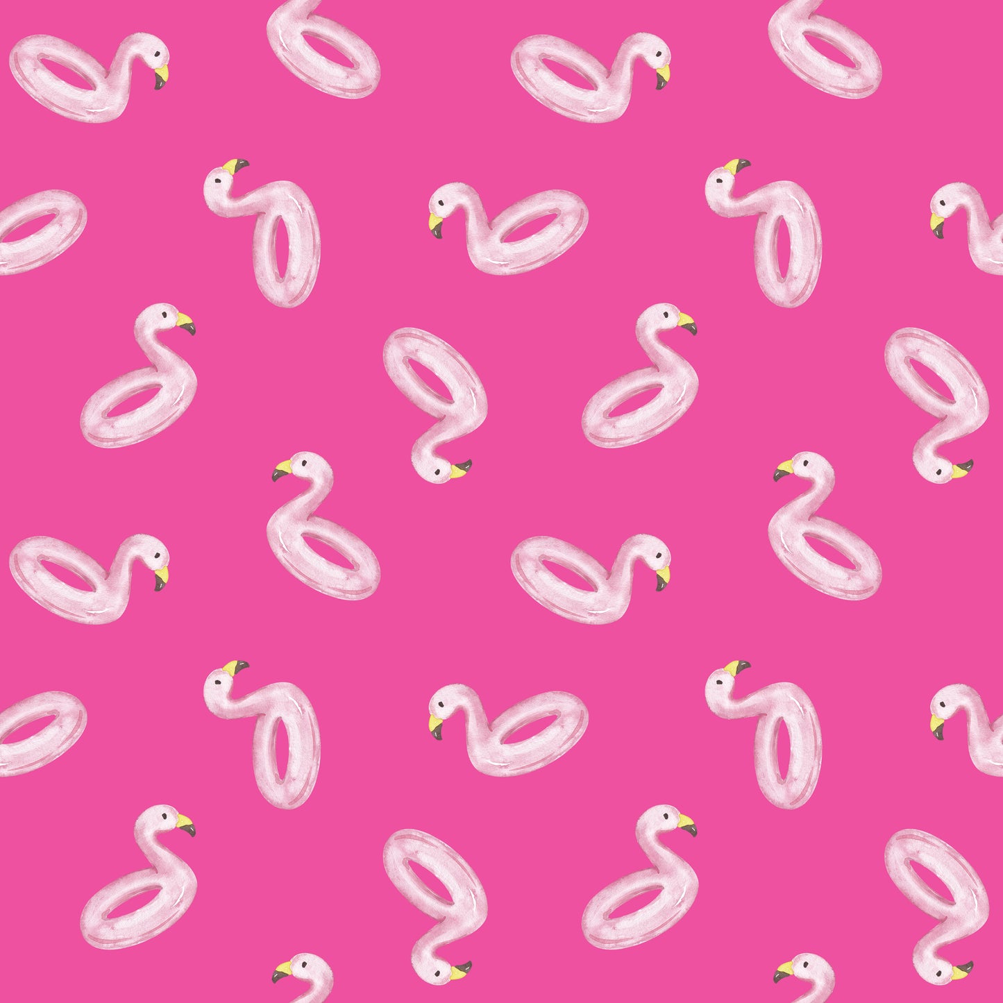 Pinker Stoff mit handgemalten weißen Flamingo-Schwimmringen, Sommerdesign für Kinderkleidung und Badebekleidung.