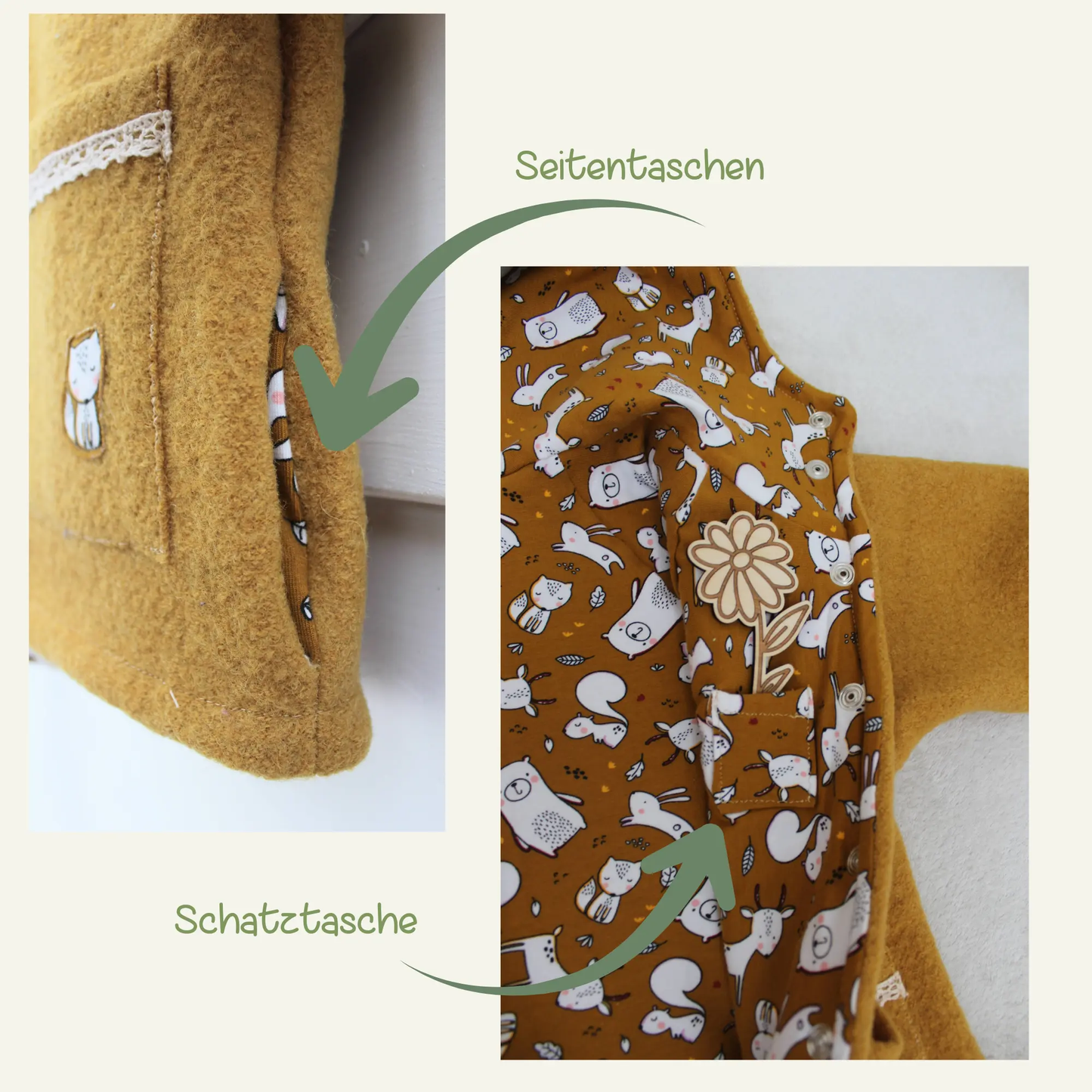 Detailansicht Kapuzenjacke Tove mit beschrifteter Seitentasche und innenliegender Schatztasche im Tier-Print-Futter.