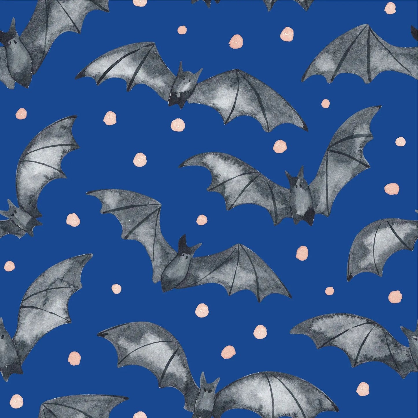 Halloween Stoff für Kinder mit fliegenden Fledermäusen auf Royalblau, handgemalt im Aquarell-Stil, Design Gespensterbande von HIP SOM HAP