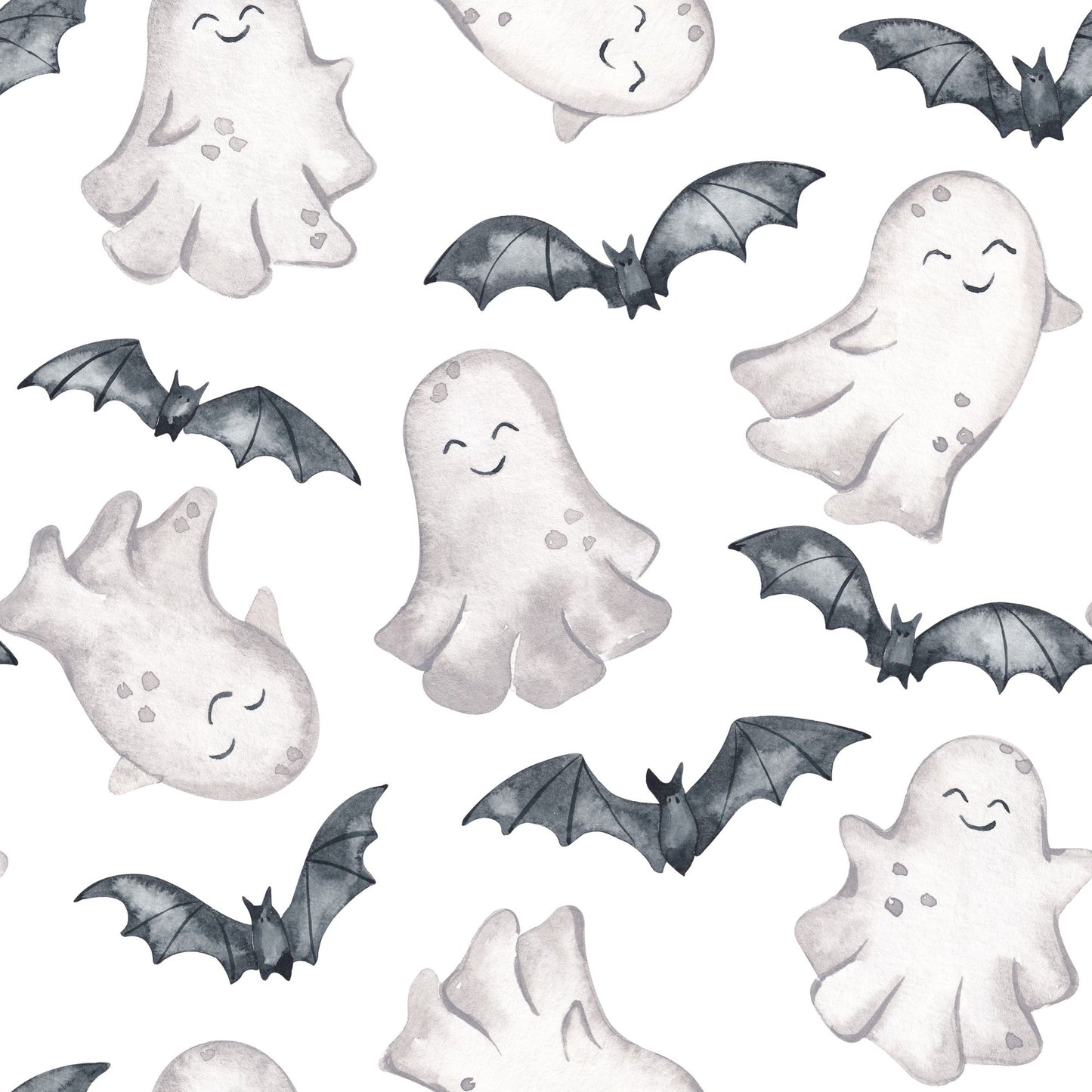 Halloween Stoff für Kinder mit lächelnden Gespenstern und Fledermäusen auf Weiß, handgemalt im Aquarell-Stil, Design Gespensterbande von HIP SOM HAP