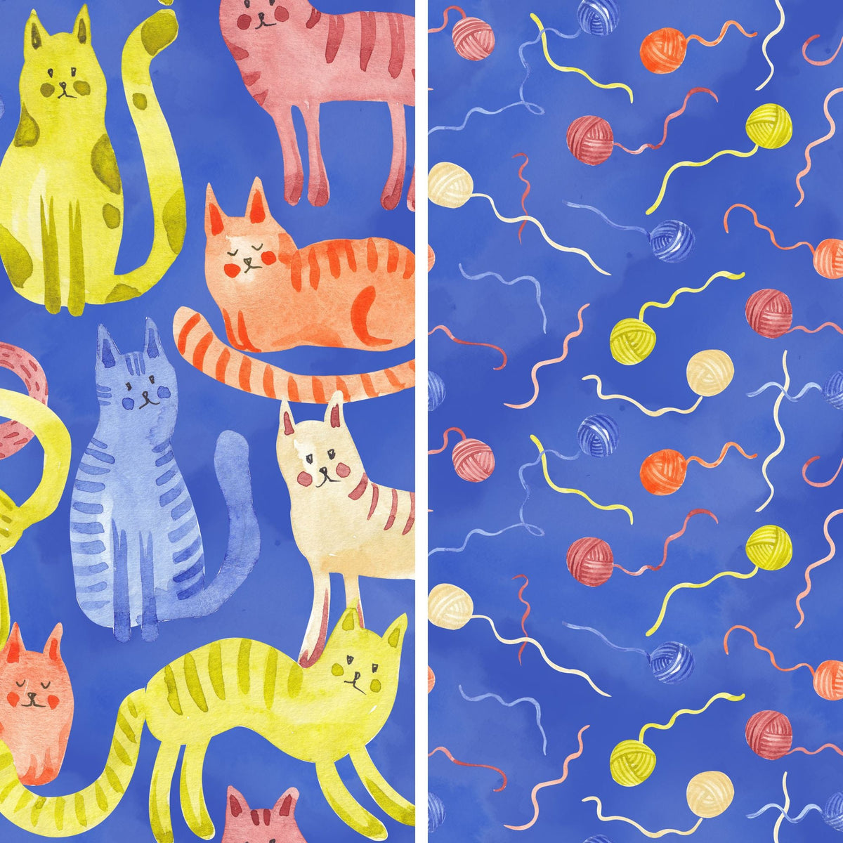 Katzenbande Kollektion: Katzenstoff mit bunten Katzen links, passender Kombistoff Bunte Knäuel rechts