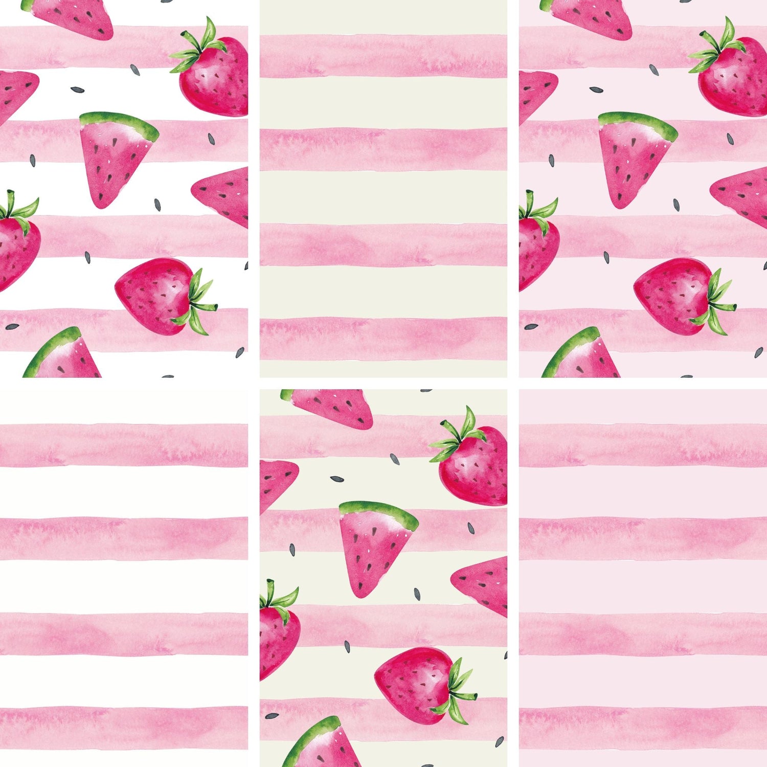 Handgemalter Aquarell-Stoff „Erdbeersommer" mit Erdbeeren und Wassermelone auf zarten Streifen in Weiß, Rosa und Vanille.