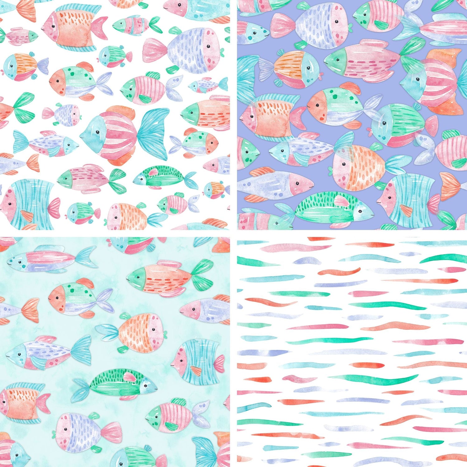 Handgemalter Aquarell-Stoff „Fishtales" mit bunten Fischschwärmen in Koralle, Türkis und Rosa, erhältlich in Weiß, Flieder und Mint.