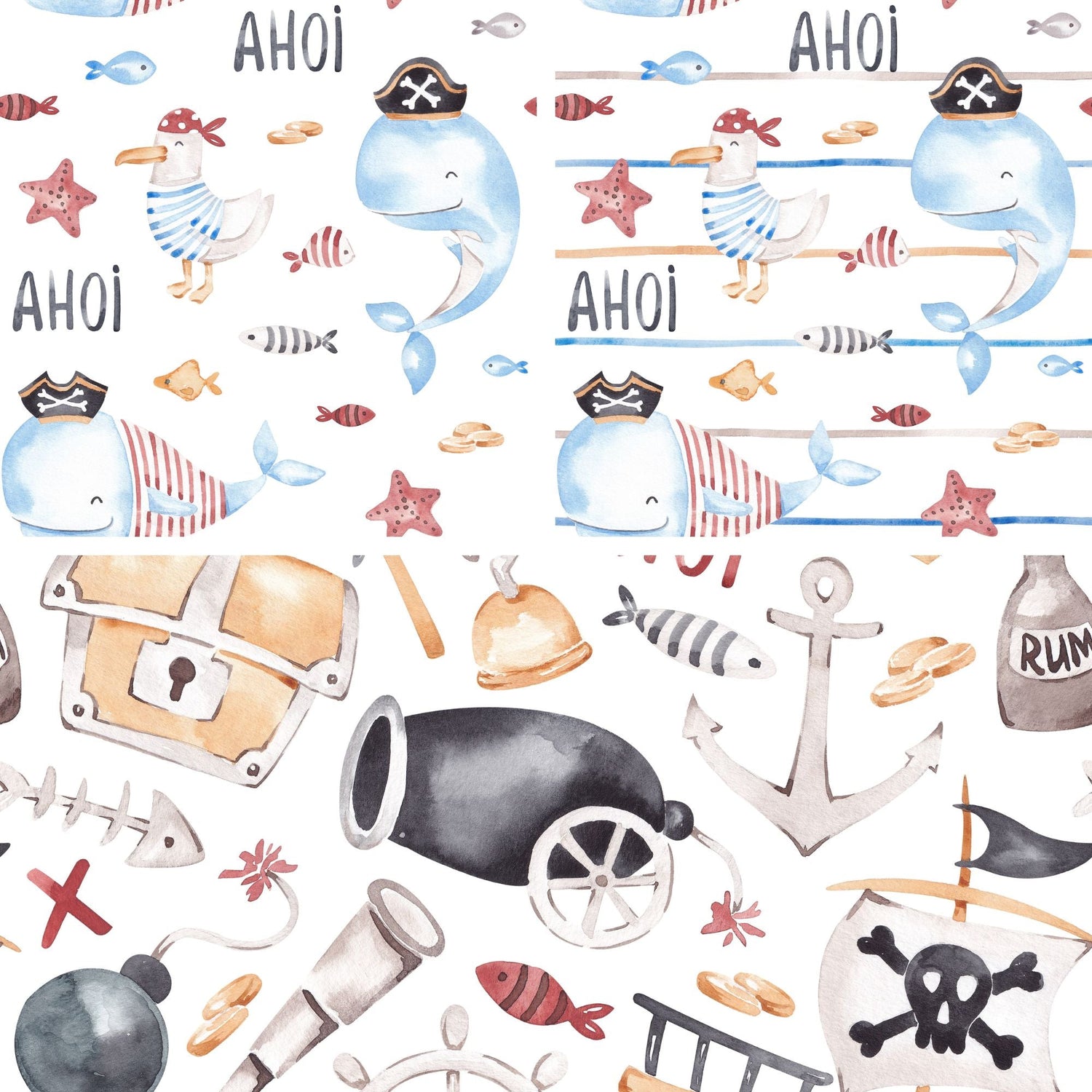 Handgemalter Aquarell-Stoff „Freche Freibeuter" mit Piratenwalen, Möwe im Matrosenlook, Schatztruhe und Anker in Blau-, Rot- und Sandtönen.