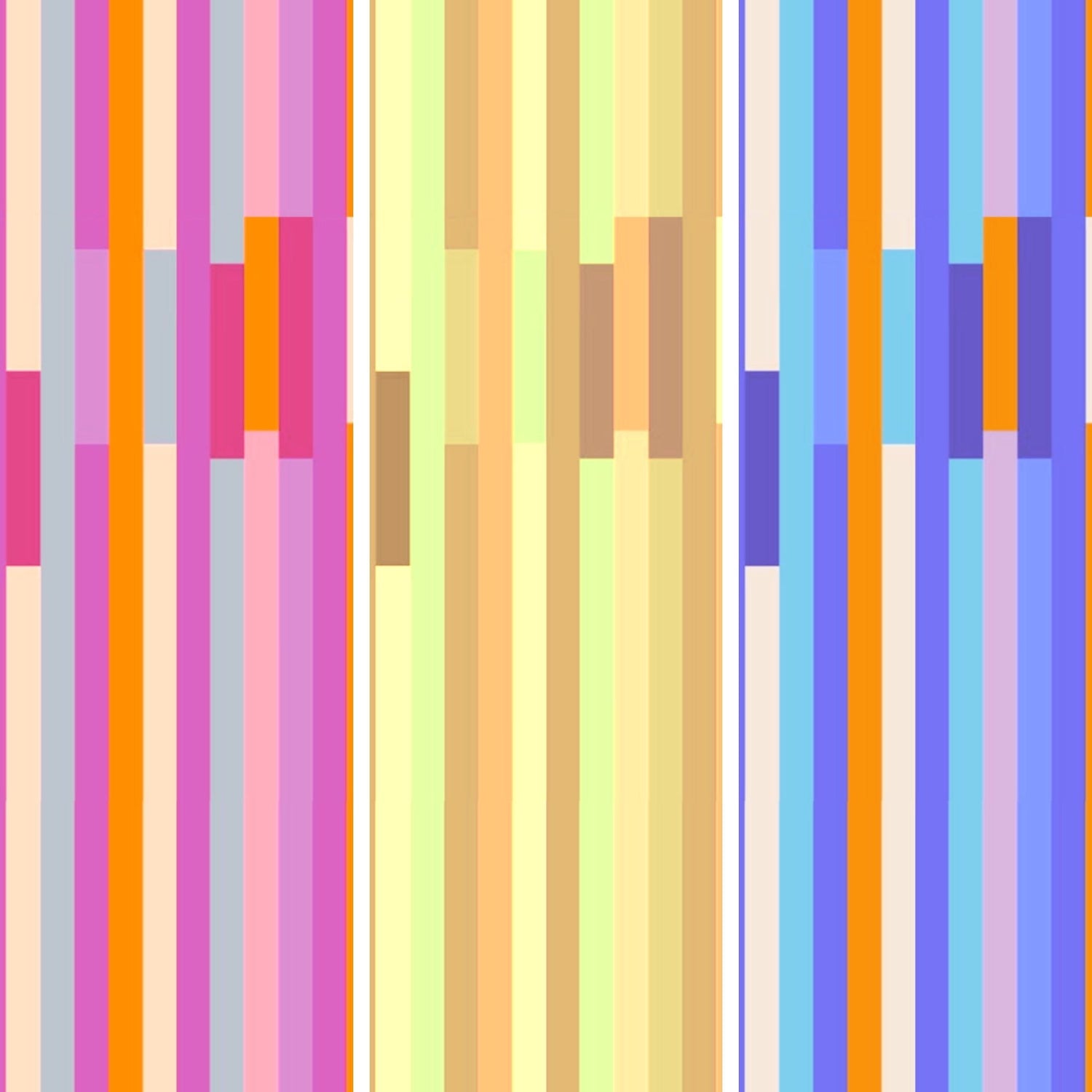 Digital gestalteter Streifenstoff „Happy Stripes" von stölting.art in Pink-Orange-Grau, Gelb-Grün-Beige und Blau-Lavendel-Orange.