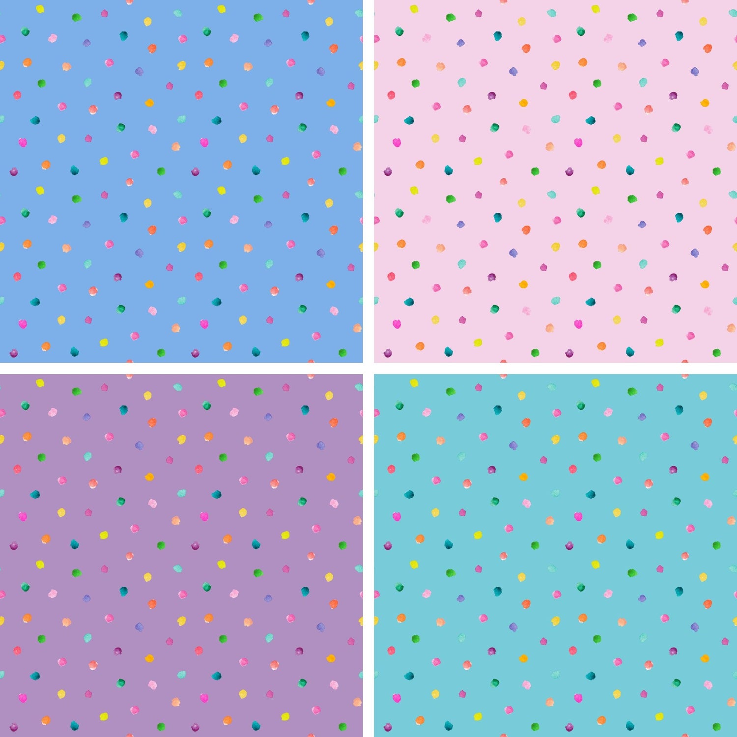 Handgemalter Aquarell-Tupfenstoff „Konfettiregen" mit bunten Farbpunkten in Blau, Rosa, Flieder und Türkis.