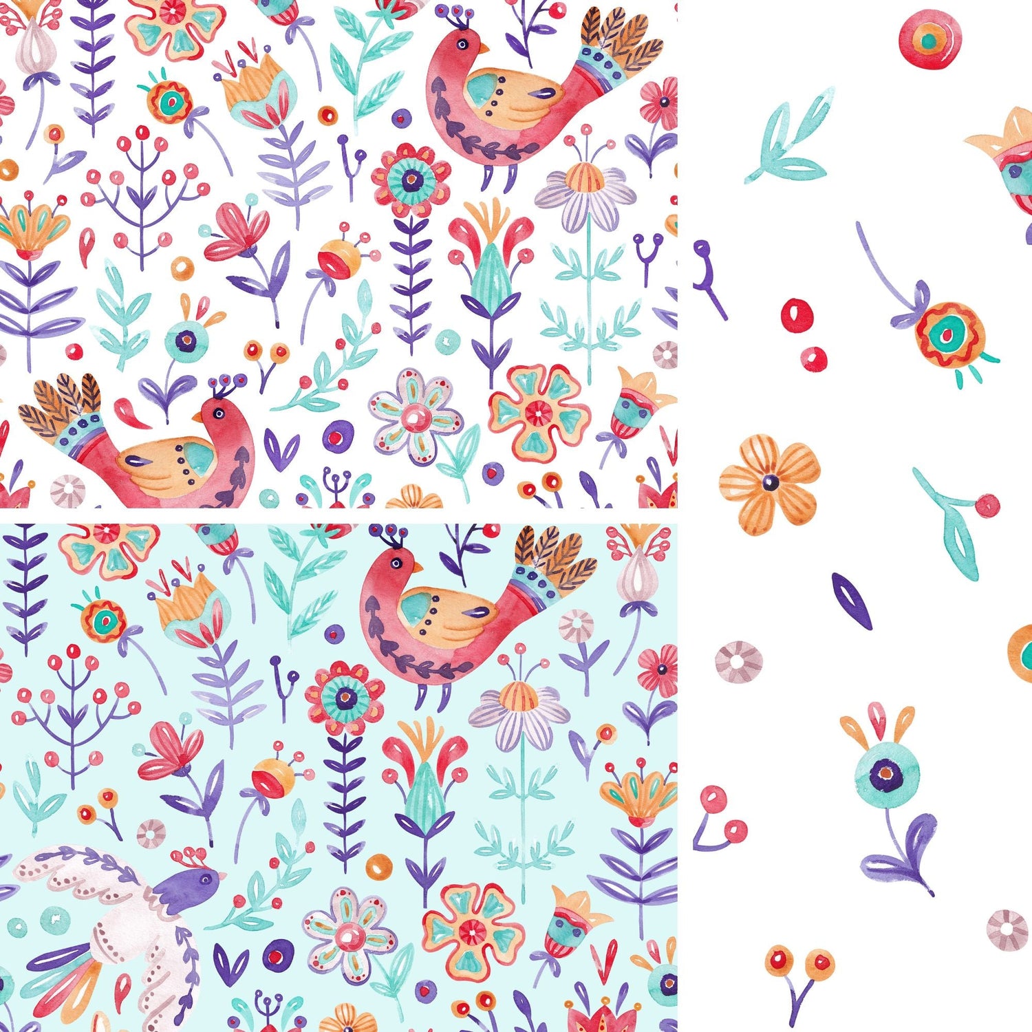 Handgemalter Aquarell-Stoff „Kunterbunt" im Folk-Art-Stil mit stilisiertem Vogel und Blüten in Koralle, Türkis und Lila in Weiß und Mint, dazu ein Streublüten-Kombi-Stoff.