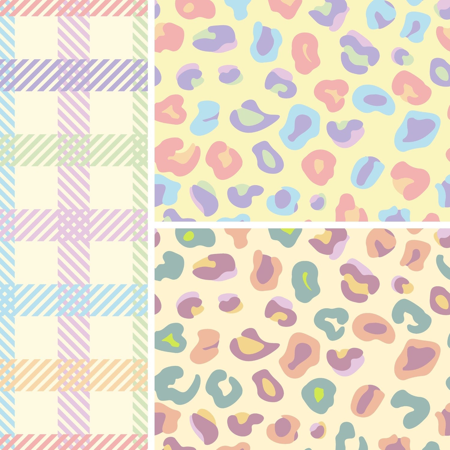 Digital gestaltetes Leomuster „Pastell-Leo" von stölting.art mit organisch geformten Flecken in Rosa, Blau, Flieder und Senfgelb, dazu ein Karo-Kombi-Stoff.
