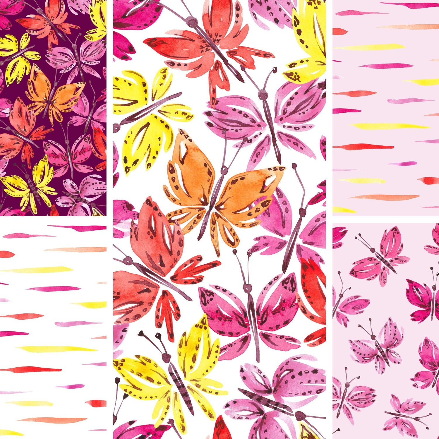 Handgemalter Aquarell-Stoff „Schmetterlingstanz" mit kräftigen Schmetterlingen in Gelb, Orange, Pink und Rot in Weiß, Aubergine und Rosa, dazu ein Streifen-Kombi-Stoff.