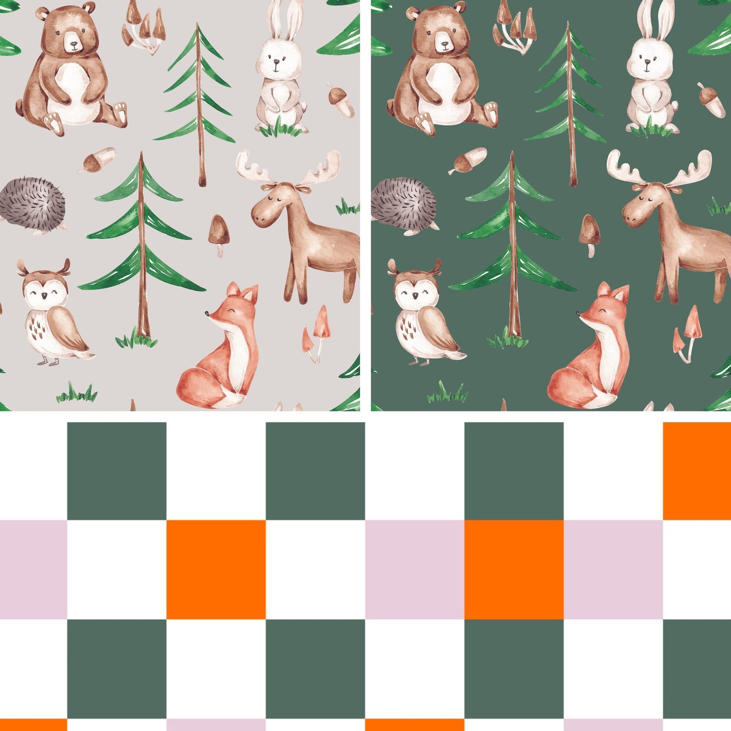 Handgemalter Aquarell-Stoff „Waldfreunde" mit Bär, Fuchs, Eule, Elch, Hase, Igel und Tannen in Taupe und Dunkelgrün, dazu ein passender Karo-Blender.