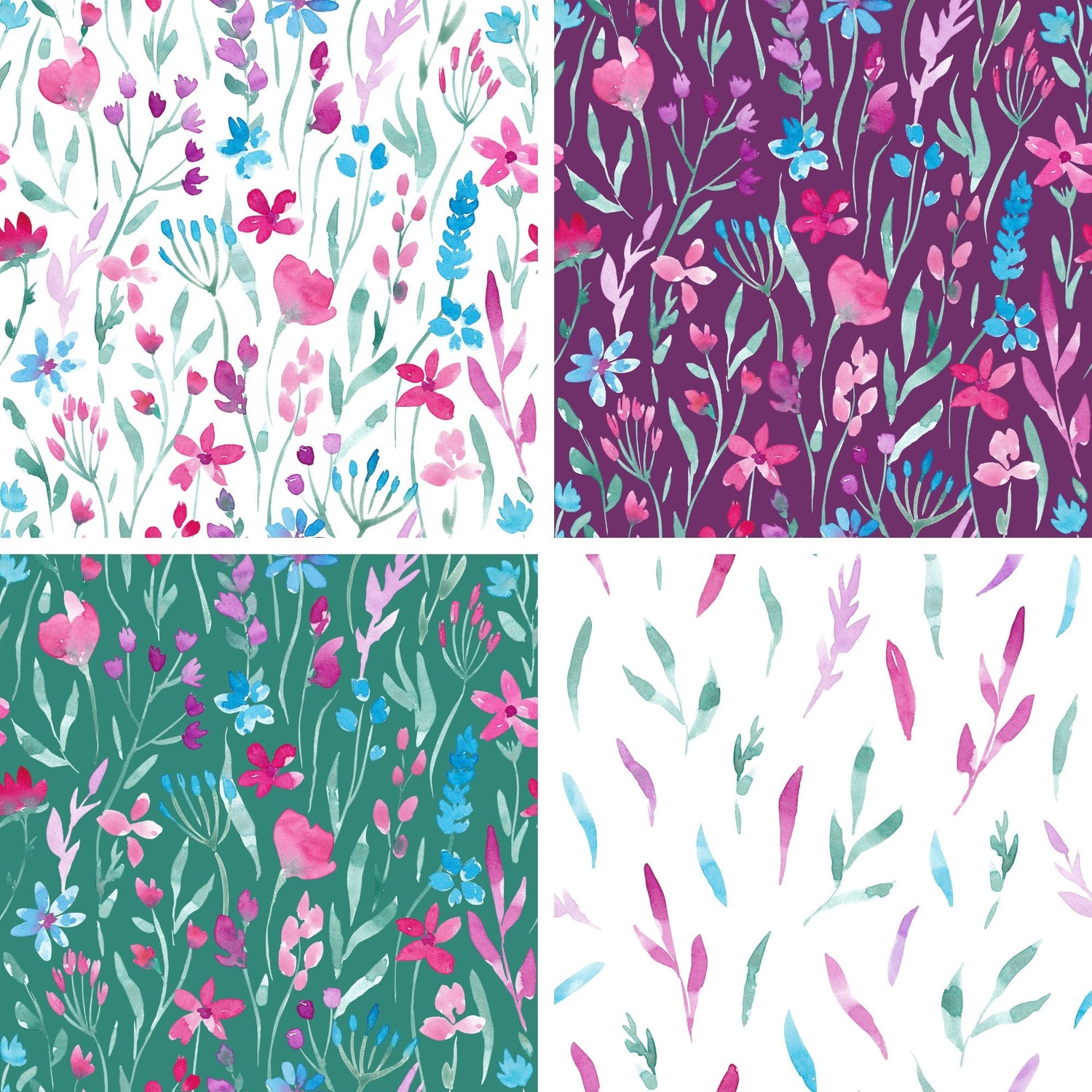 Handgemalter Aquarell-Stoff „Wildflower Waltz" mit zarter Wildblumenwiese in Pink, Blau und Lila in Weiß, Beere und Waldgrün, dazu ein Blätter-Kombistoff.