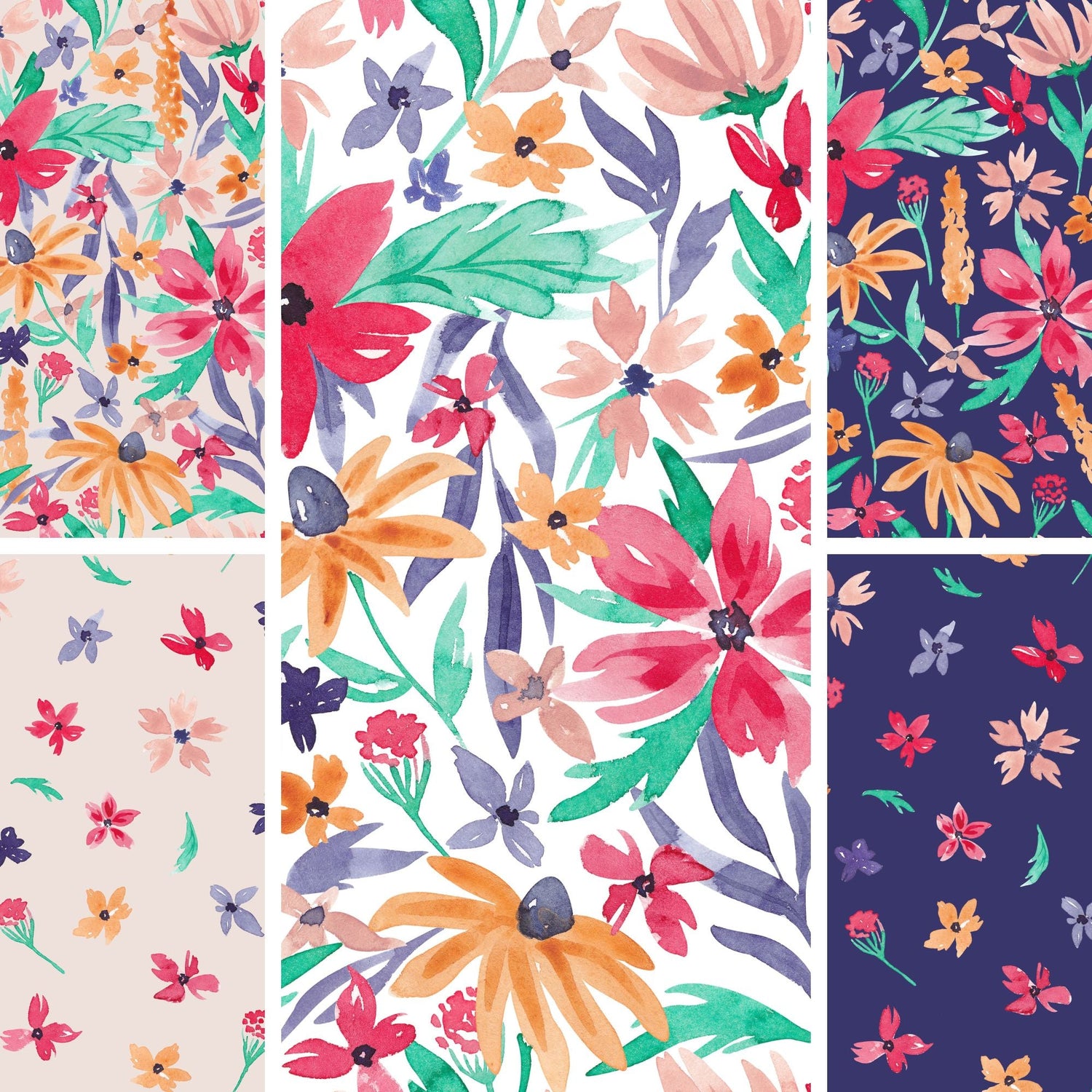 Handgemalter Aquarell-Stoff „Wildflowers" mit kräftigen Sommerblumen in Orange, Pink und Violett in Weiß, Beige und Navy, dazu ein Streublumen-Kombi-Stoff.