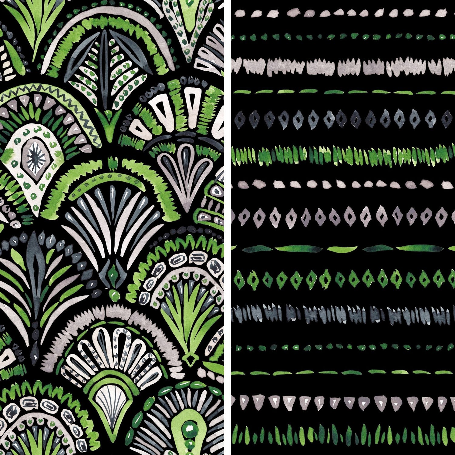 Handgemalter Aquarell-Stoff „Emerald Reverie" mit grafischem Art-déco-Ornamentmuster in Grün, Grau und Creme auf Schwarz.