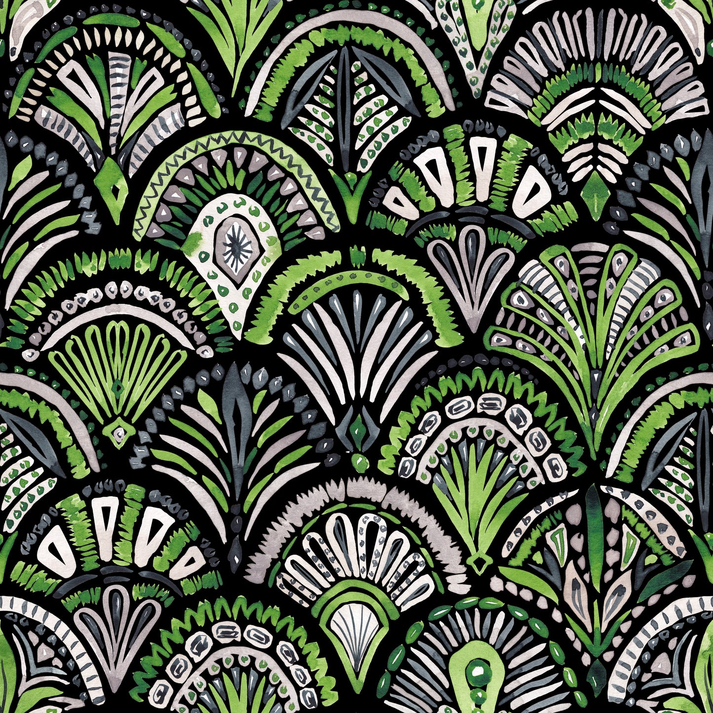 Emerald Reverie – Ornamentstoff in Grün und Schwarz als Meterware