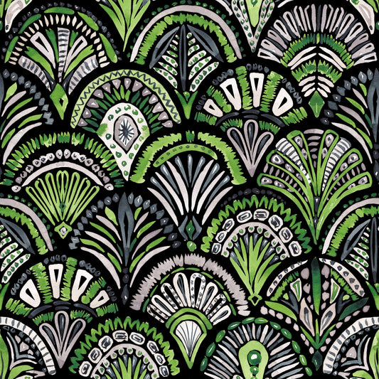 Emerald Reverie – Ornamentstoff in Grün und Schwarz als Meterware