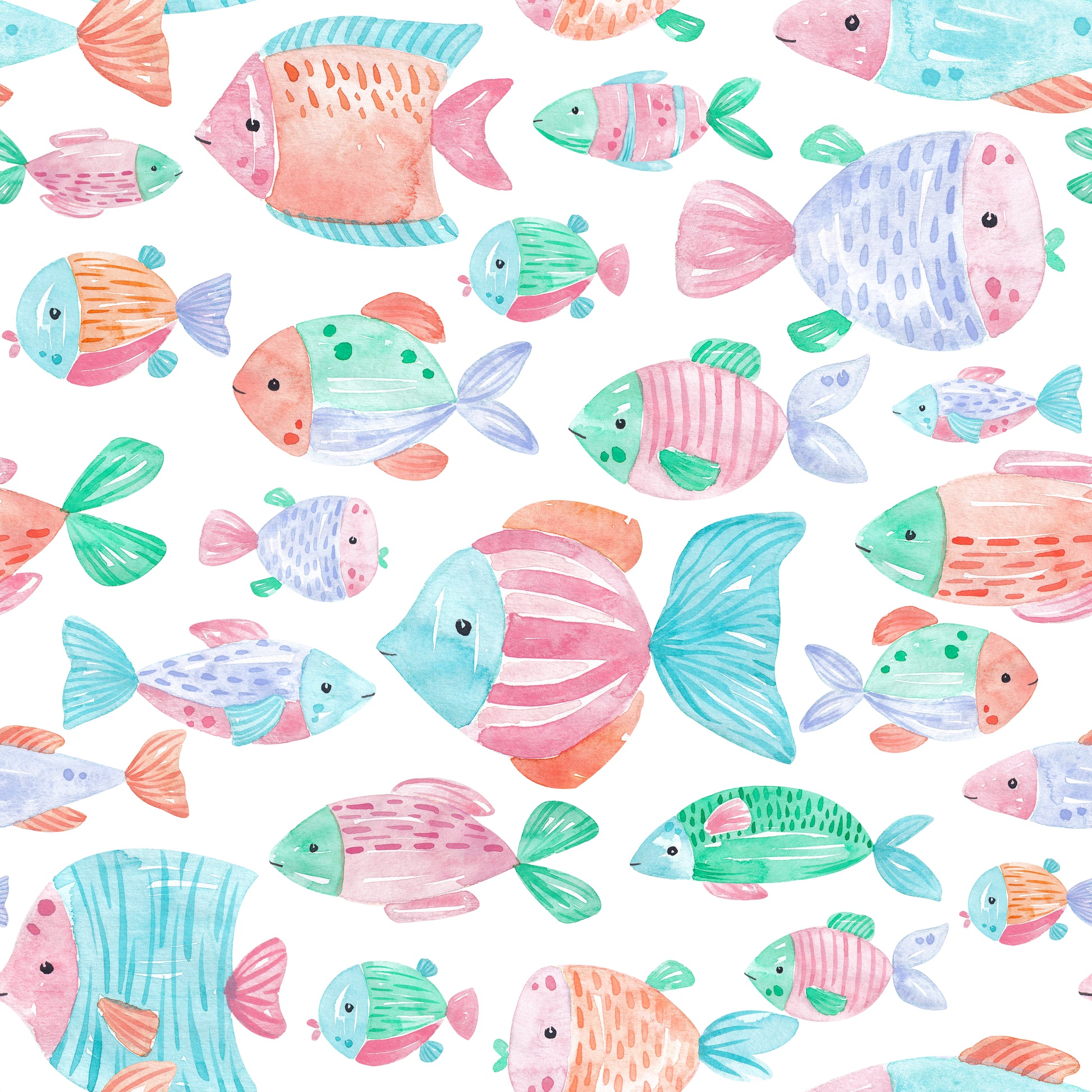 Kinderstoff mit bunten Fischen in Weiß – handgemalte Aquarellfische in Pink, Orange, Grün und Blau auf weißem Hintergrund. Reaktivdruck auf Öko-Tex Standard 100 zertifizierten Stoffqualitäten, Meterware.