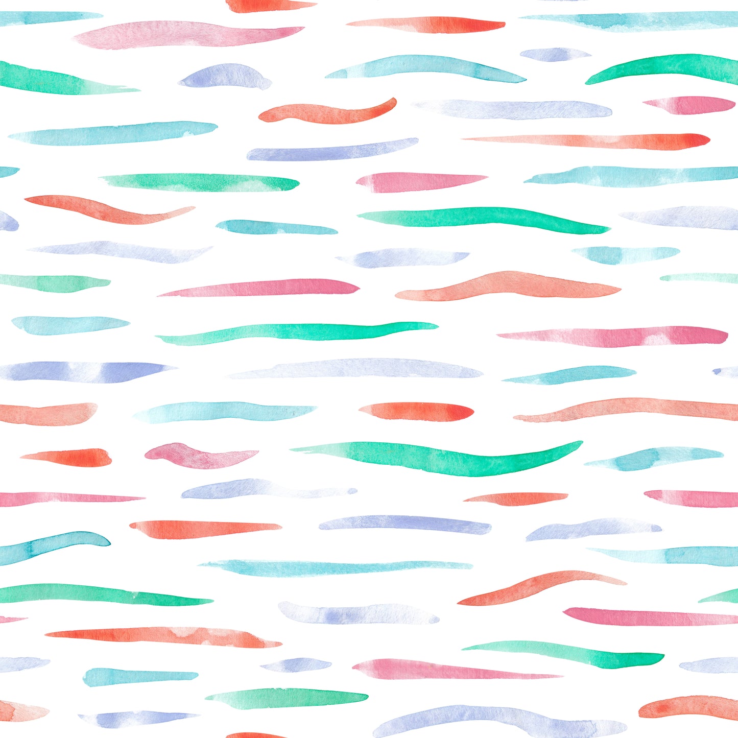 Kombistoff Aquarellstreifen Fishtales in Weiß – wellige Pinselstriche in Grün, Türkis, Koralle, Rosa und Blau auf weißem Hintergrund. Reaktivdruck auf Öko-Tex Standard 100 zertifizierten Stoffqualitäten, Meterware.