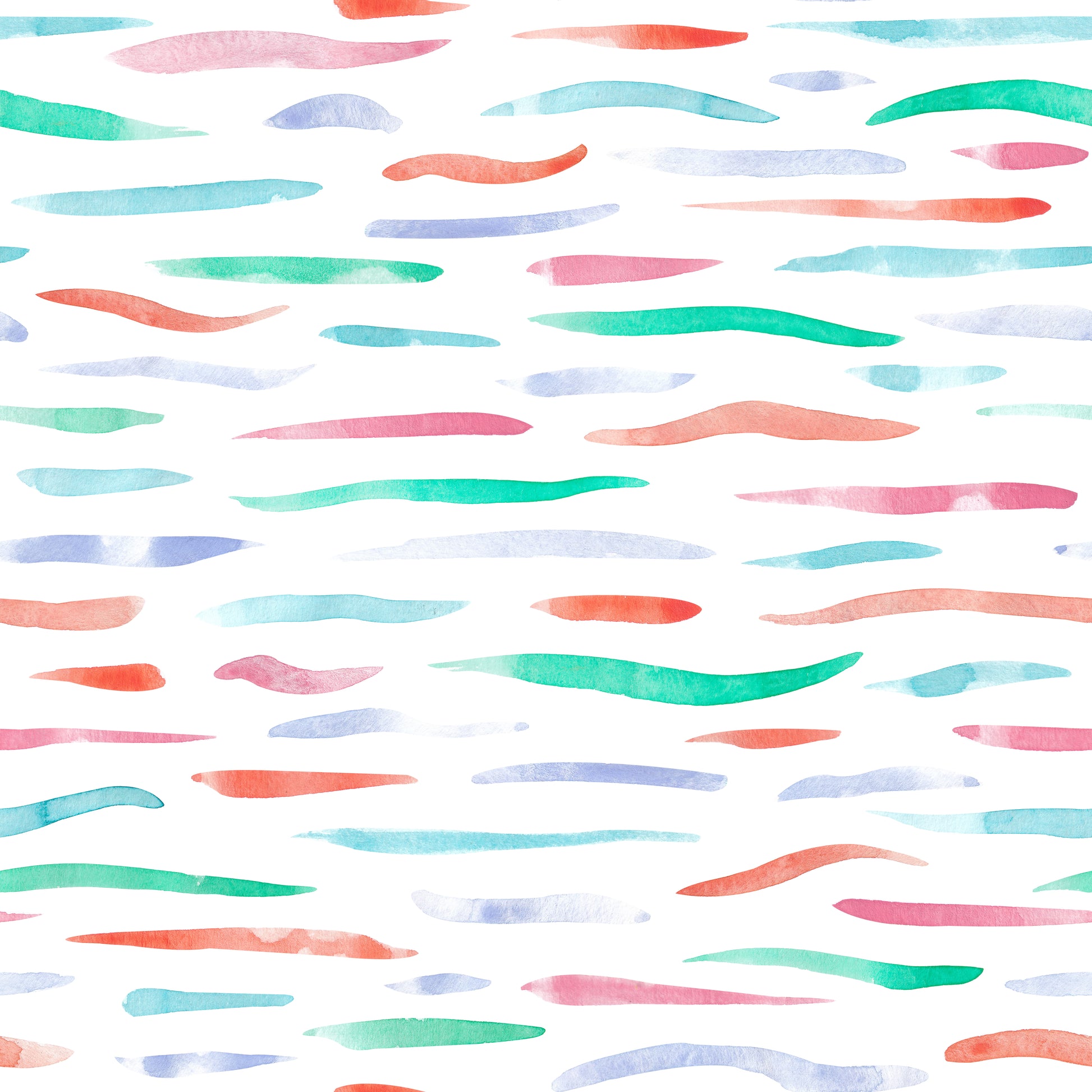 Kombistoff Aquarellstreifen Fishtales in Weiß – wellige Pinselstriche in Grün, Türkis, Koralle, Rosa und Blau auf weißem Hintergrund. Reaktivdruck auf Öko-Tex Standard 100 zertifizierten Stoffqualitäten, Meterware.