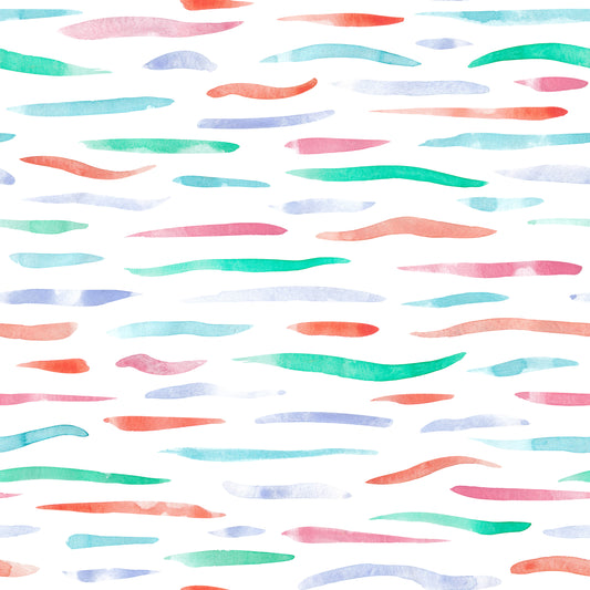 Kombistoff Aquarellstreifen Fishtales in Weiß – wellige Pinselstriche in Grün, Türkis, Koralle, Rosa und Blau auf weißem Hintergrund. Reaktivdruck auf Öko-Tex Standard 100 zertifizierten Stoffqualitäten, Meterware.