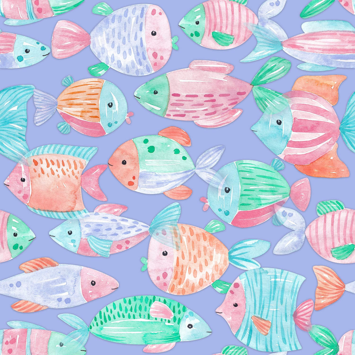 Kinderstoff bunte Fische Lila – handgemalte Aquarellfische in Pink, Mint, Orange und Türkis auf lila Hintergrund. Fishtales von HIP SOM HAP, Digitaldruck Meterware, Öko-Tex Standard 100.