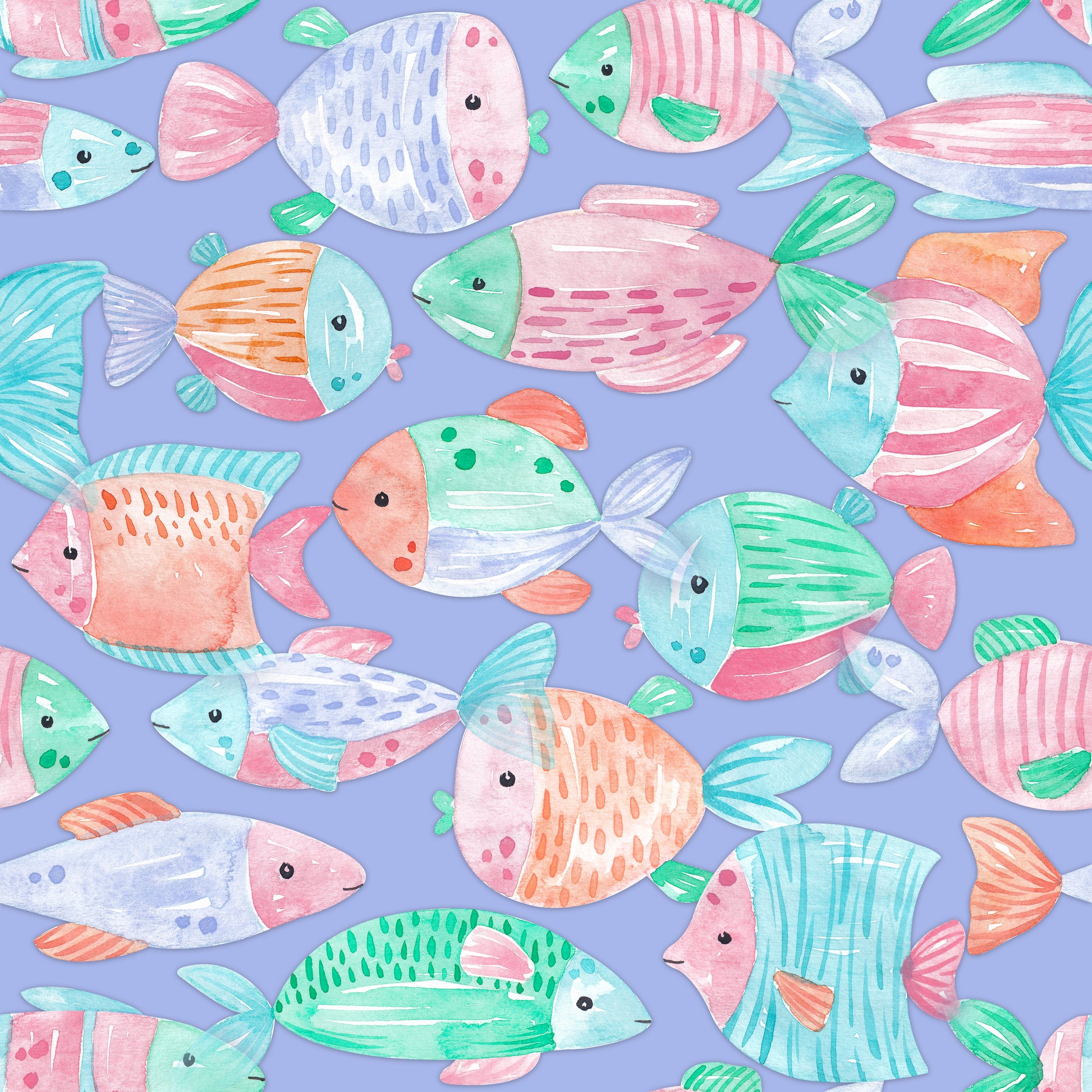 Kinderstoff bunte Fische Lila – handgemalte Aquarellfische in Pink, Mint, Orange und Türkis auf lila Hintergrund. Fishtales von HIP SOM HAP, Digitaldruck Meterware, Öko-Tex Standard 100.