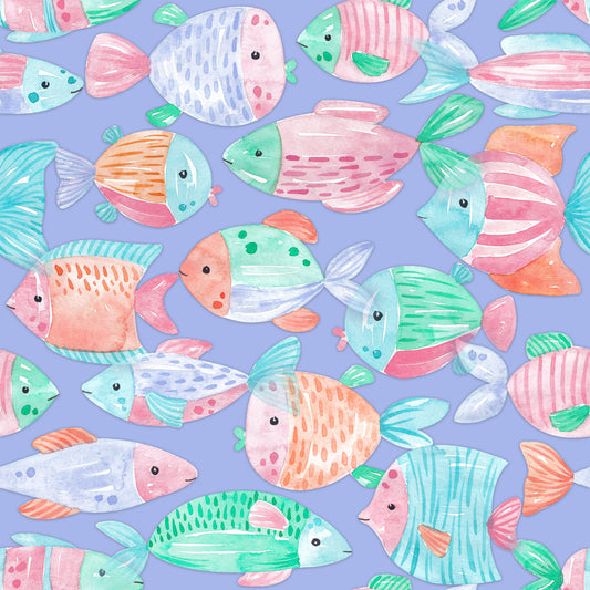 Kinderstoff bunte Fische Lila – handgemalte Aquarellfische in Pink, Mint, Orange und Türkis auf lila Hintergrund. Fishtales von HIP SOM HAP, Digitaldruck Meterware, Öko-Tex Standard 100.