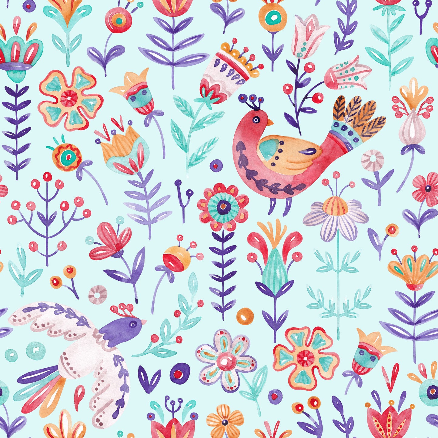 Kunterbunt – Stoff mit Blumen und Vögeln im Folk-Stil als Meterware