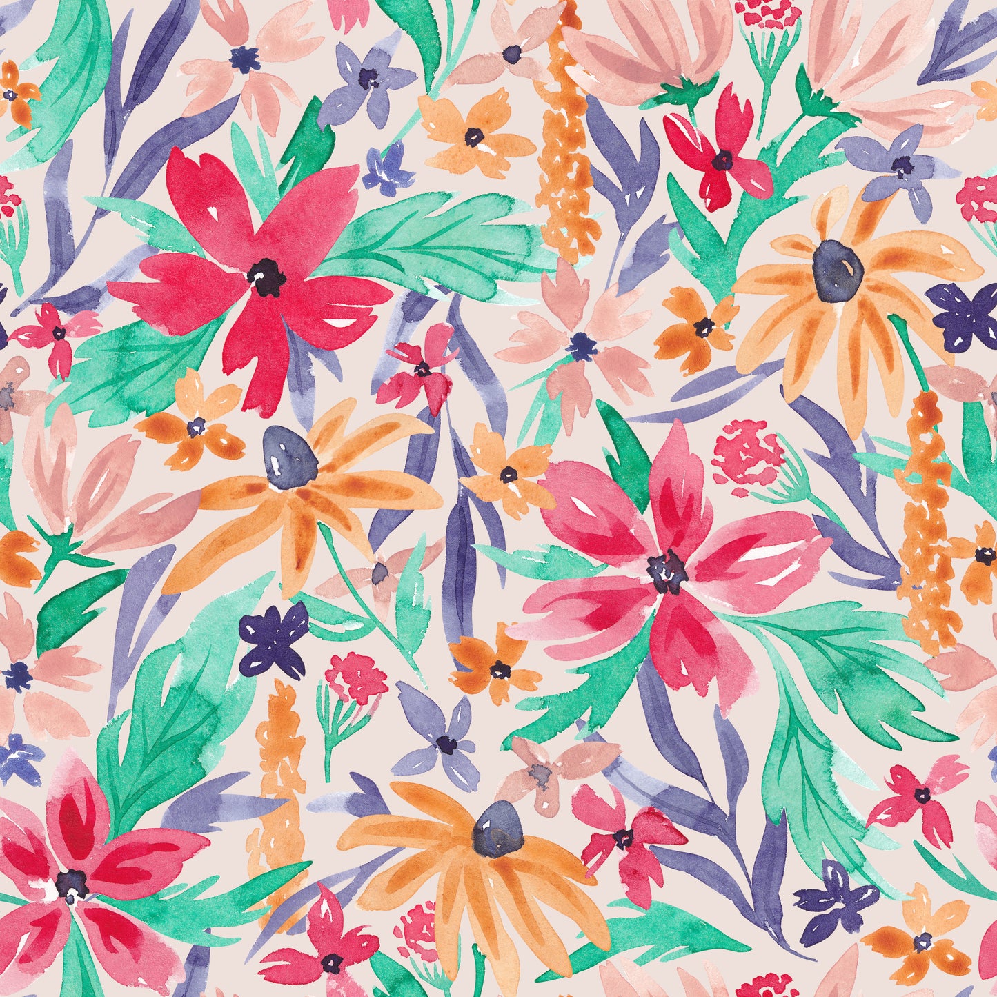 Blumenstoff Wildflower in Apricot – handgemalte Aquarellblüten in Rot, Orange und Pink mit grünen Blättern auf warmem Apricot-Grund. Reaktivdruck auf Öko-Tex Standard 100 zertifizierten Stoffqualitäten, Meterware.