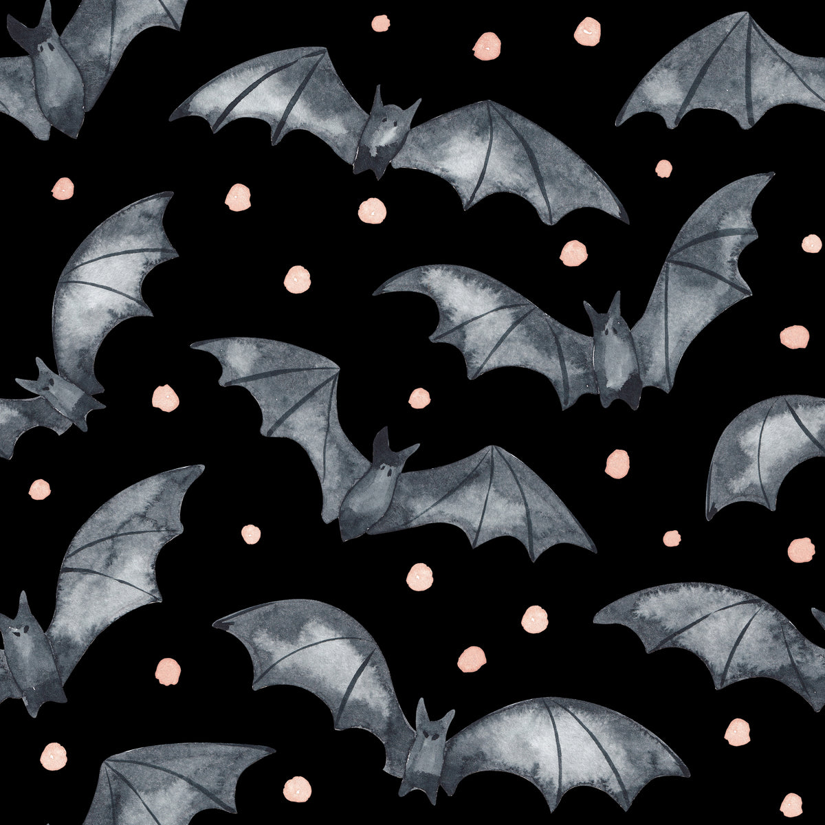 Halloween Stoff Gespensterbande: handgemalte graue Aquarell-Fledermäuse und Punkte in Pfirsich auf schwarzem Grund