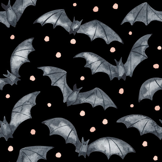 Halloween Stoff Gespensterbande: handgemalte graue Aquarell-Fledermäuse und Punkte in Pfirsich auf schwarzem Grund