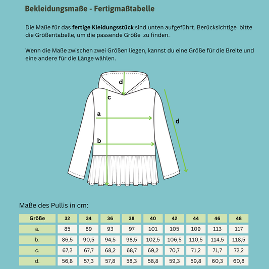 Schnittmuster Kelda Mom – Hoodie oder Shirt mit Rüsche · Damen 32–48