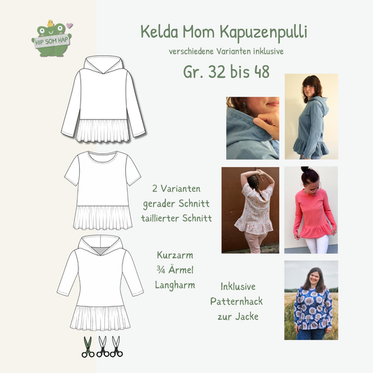 Schnittmuster Kelda Mom – Hoodie oder Shirt mit Rüsche · Damen 32–48