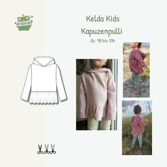 Schnittmuster Kapuzenpullover KeldaKid mit Rüschen – Kinder Gr. 98–134
