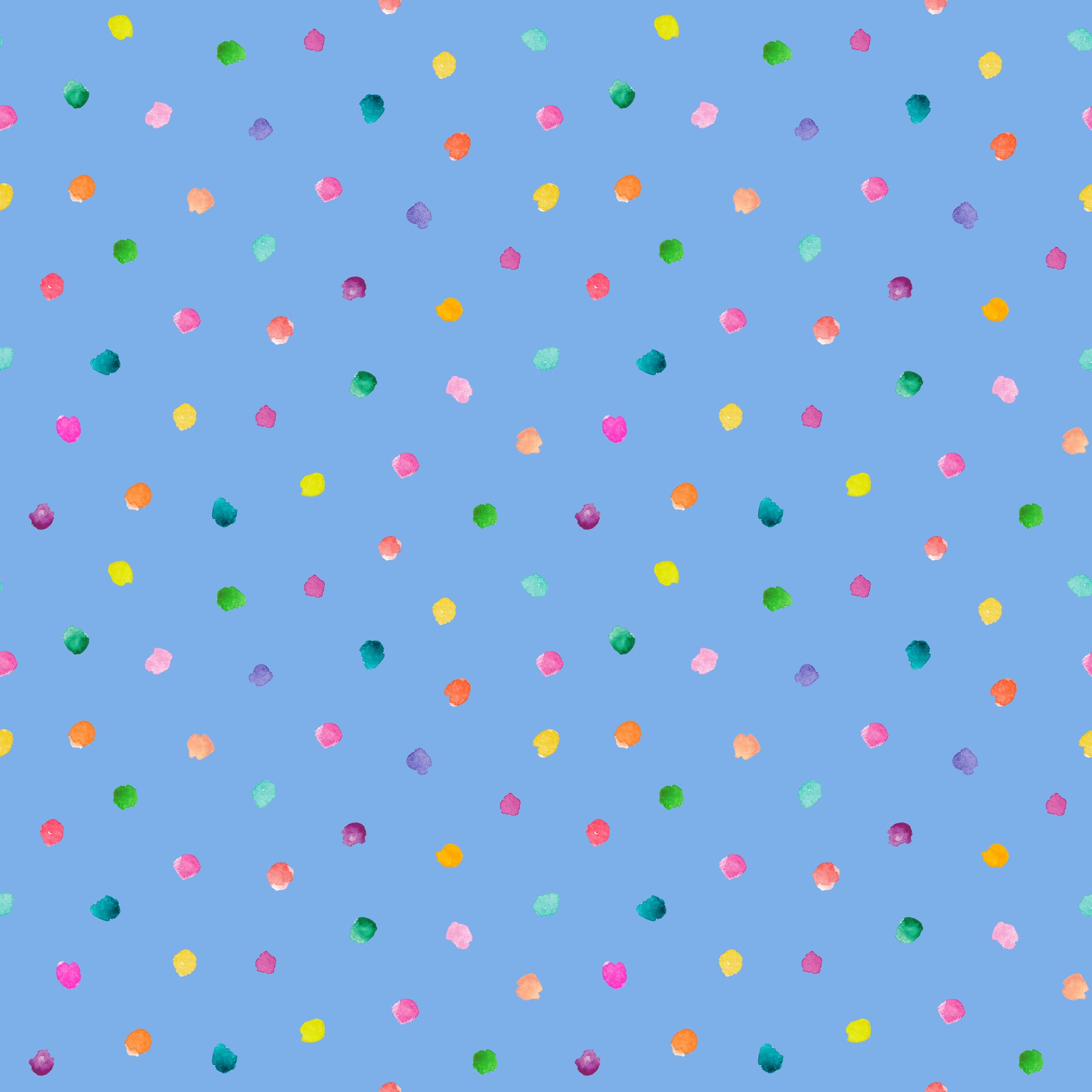Stoff mit Punkten Aquarell – locker verteilte, handgemalte Konfetti-Punkte in Pink, Orange, Grün und Gelb auf klarem Kornblumenblau. Reaktivdruck auf Öko-Tex Standard 100 zertifizierten Stoffqualitäten, Meterware.
