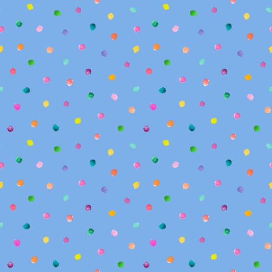 Stoff mit Punkten Aquarell – locker verteilte, handgemalte Konfetti-Punkte in Pink, Orange, Grün und Gelb auf klarem Kornblumenblau. Reaktivdruck auf Öko-Tex Standard 100 zertifizierten Stoffqualitäten, Meterware.