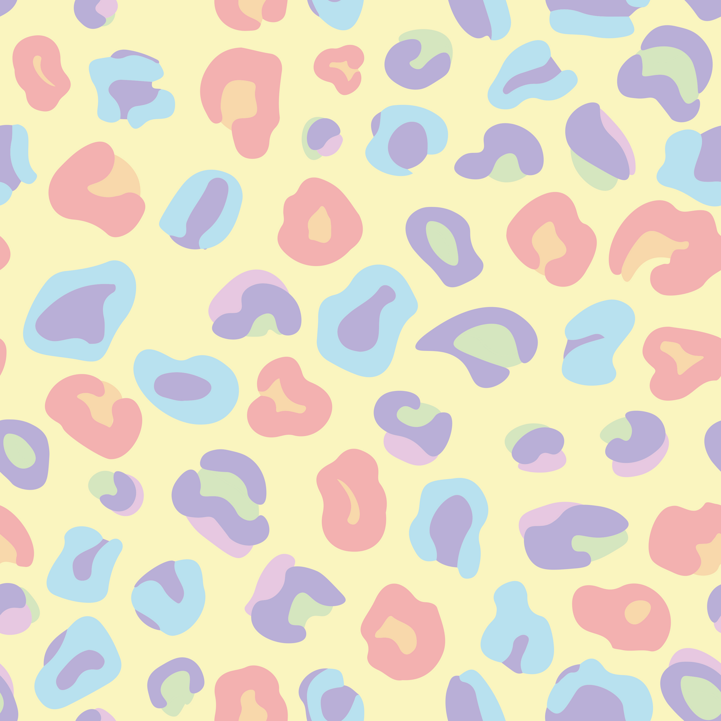 Leo Print Stoff Confetti Leo Pastell – weich gezeichnete Leoflecken in Flieder, Hellblau, Apricot und Salbei auf cremegelbem Hintergrund. Reaktivdruck auf Öko-Tex Standard 100 zertifizierten Stoffqualitäten, Meterware. Design Stoelting.art.