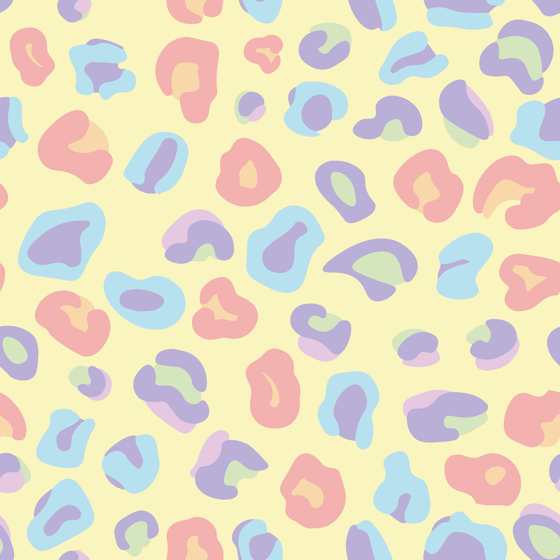 Leo Print Stoff Confetti Leo Pastell – weich gezeichnete Leoflecken in Flieder, Hellblau, Apricot und Salbei auf cremegelbem Hintergrund. Reaktivdruck auf Öko-Tex Standard 100 zertifizierten Stoffqualitäten, Meterware. Design Stoelting.art.