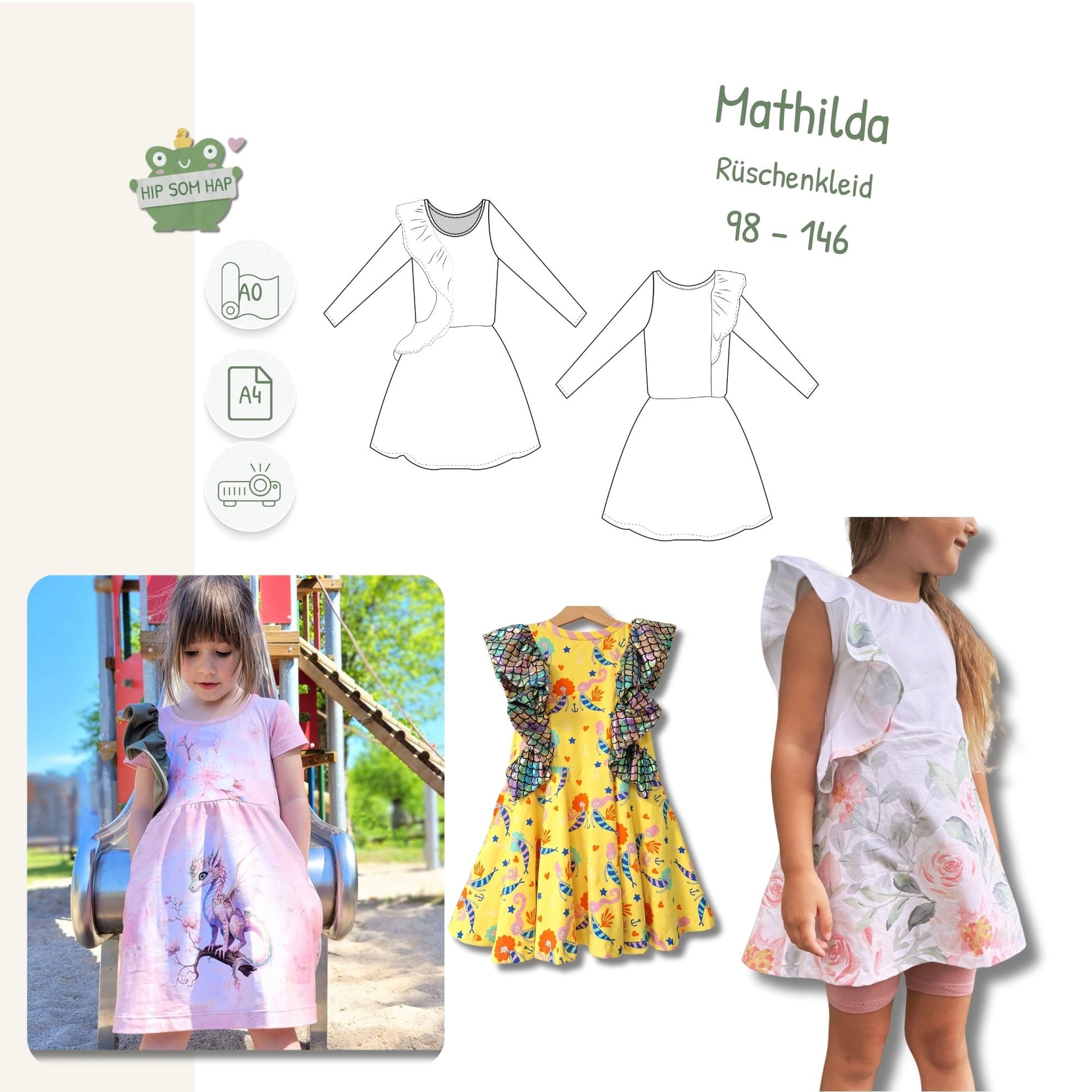 Schnittmuster Rüschenkleid Mathilda von HIP SOM HAP – Kinderkleid PDF Gr. 98–146 mit Schulterrüschen, drei Ärmelvarianten, A4 A0 und Beamer-Datei, Ebenendruck