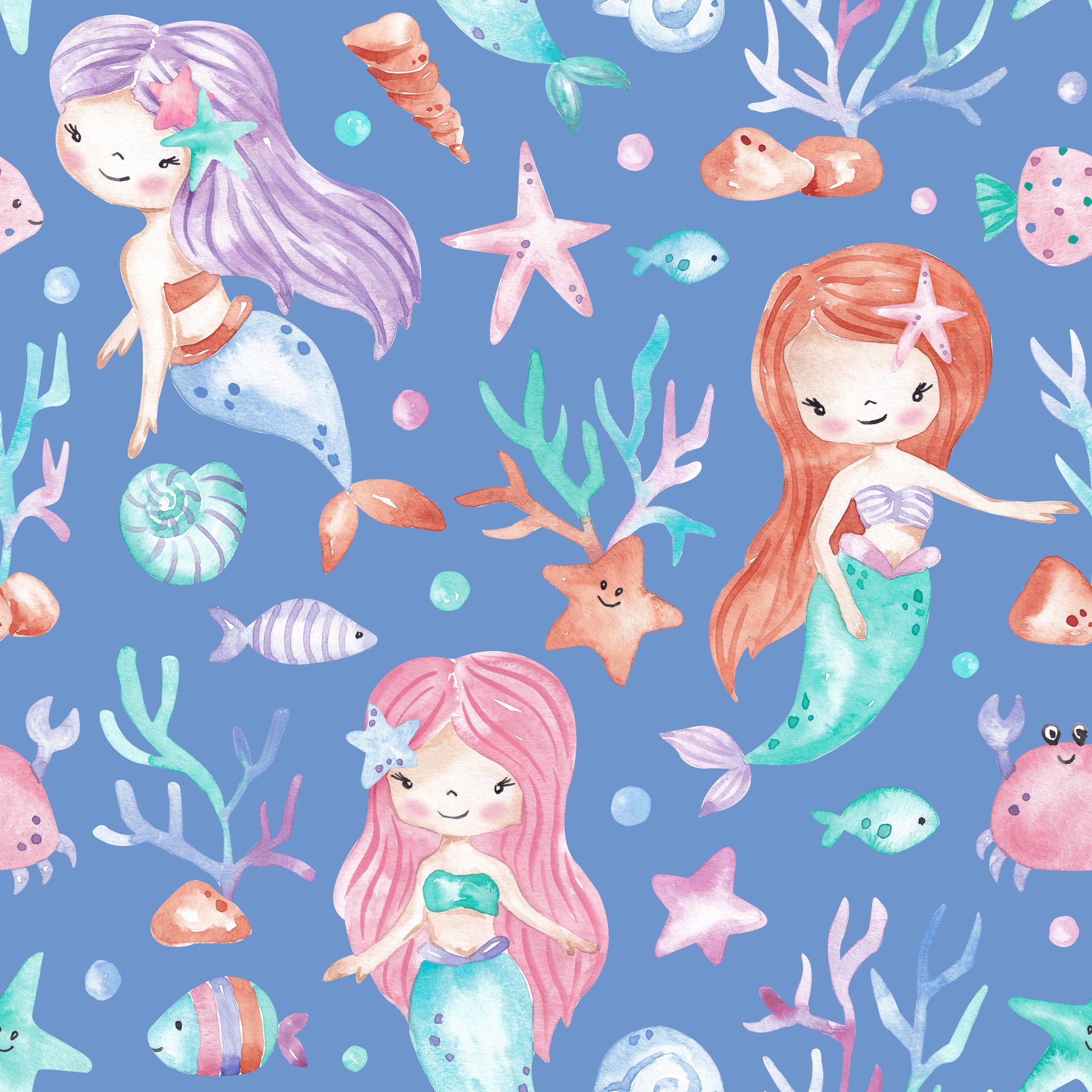 Meerjungfrau Stoff für Kinder in Blau mit handgemalten Meerjungfrauen, Seesternen, Muscheln und Fischen im Aquarellstil