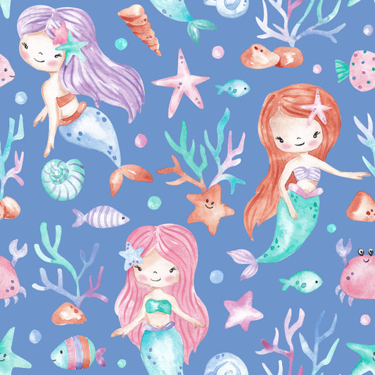 Meerjungfrau Stoff für Kinder in Blau mit handgemalten Meerjungfrauen, Seesternen, Muscheln und Fischen im Aquarellstil