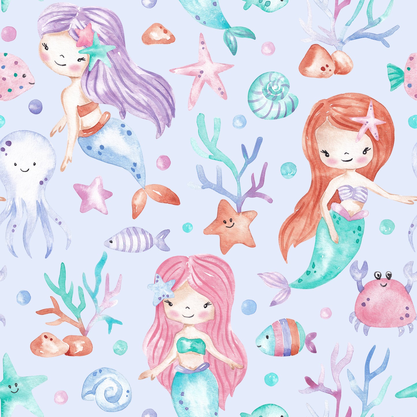 Meerjungfrau Stoff für Kinder in Lavendel mit handgemalten Meerjungfrauen, Oktopus, Seesternen, Muscheln und Fischen im Aquarellstil