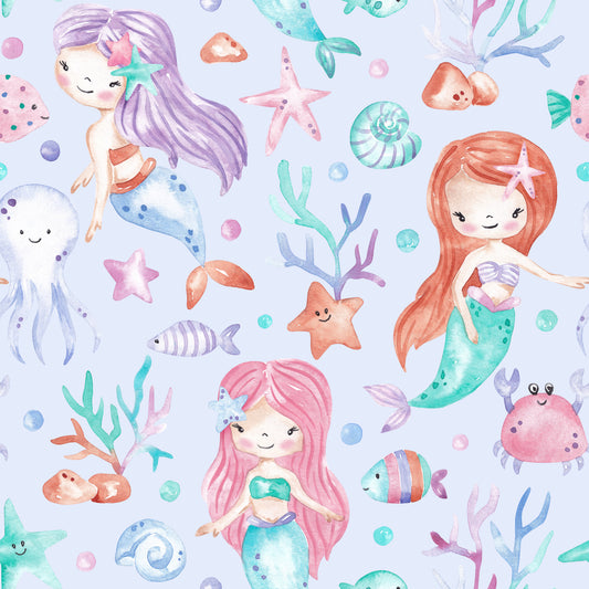 Meerjungfrau Stoff für Kinder in Lavendel mit handgemalten Meerjungfrauen, Oktopus, Seesternen, Muscheln und Fischen im Aquarellstil