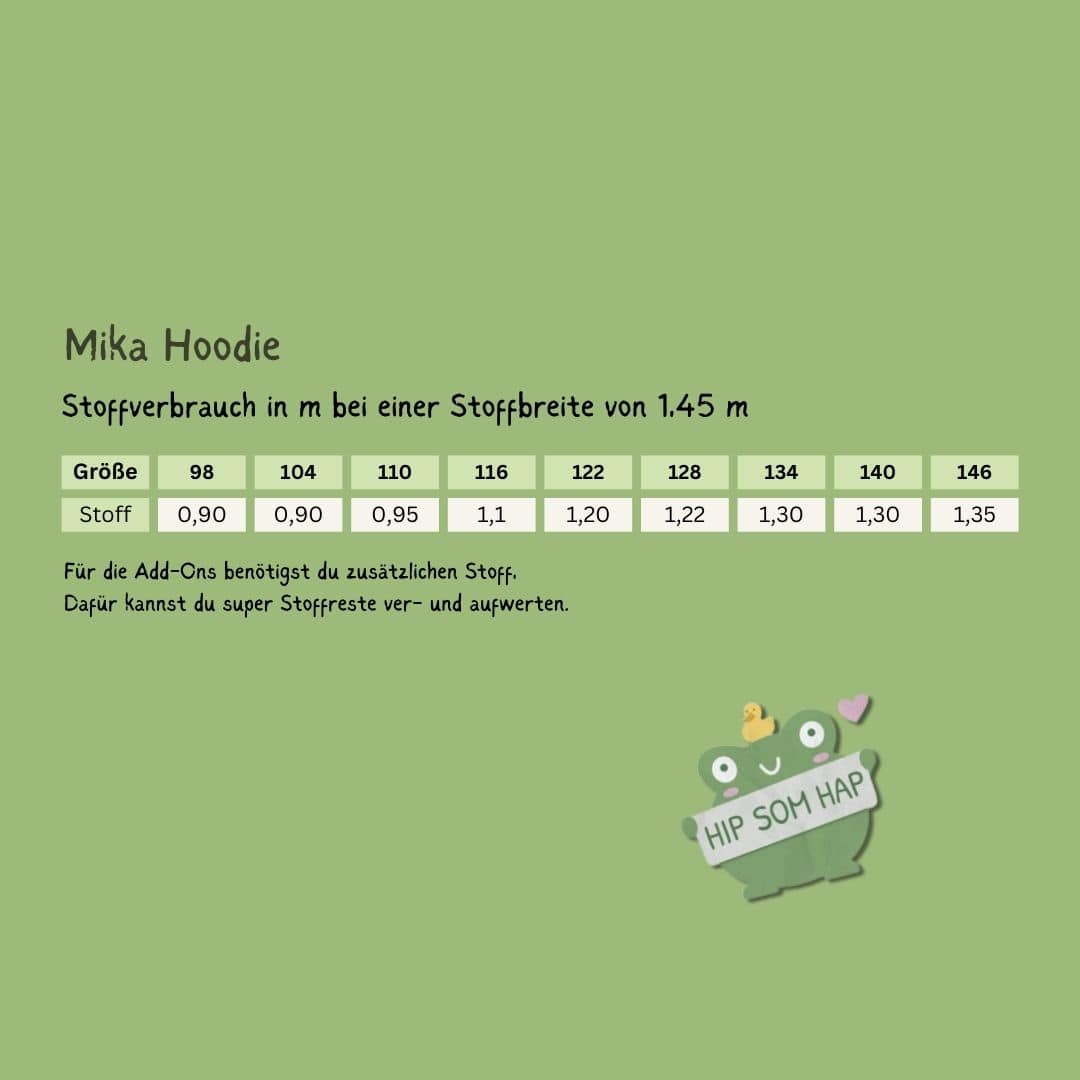 Schnittmuster Hoodie Mika Stoffverbrauchstabelle – Gr. 98 bis 146 bei 1,45 m Stoffbreite, ab 0,90 m Stoff, Reste für Ohren-Add-ons verwertbar