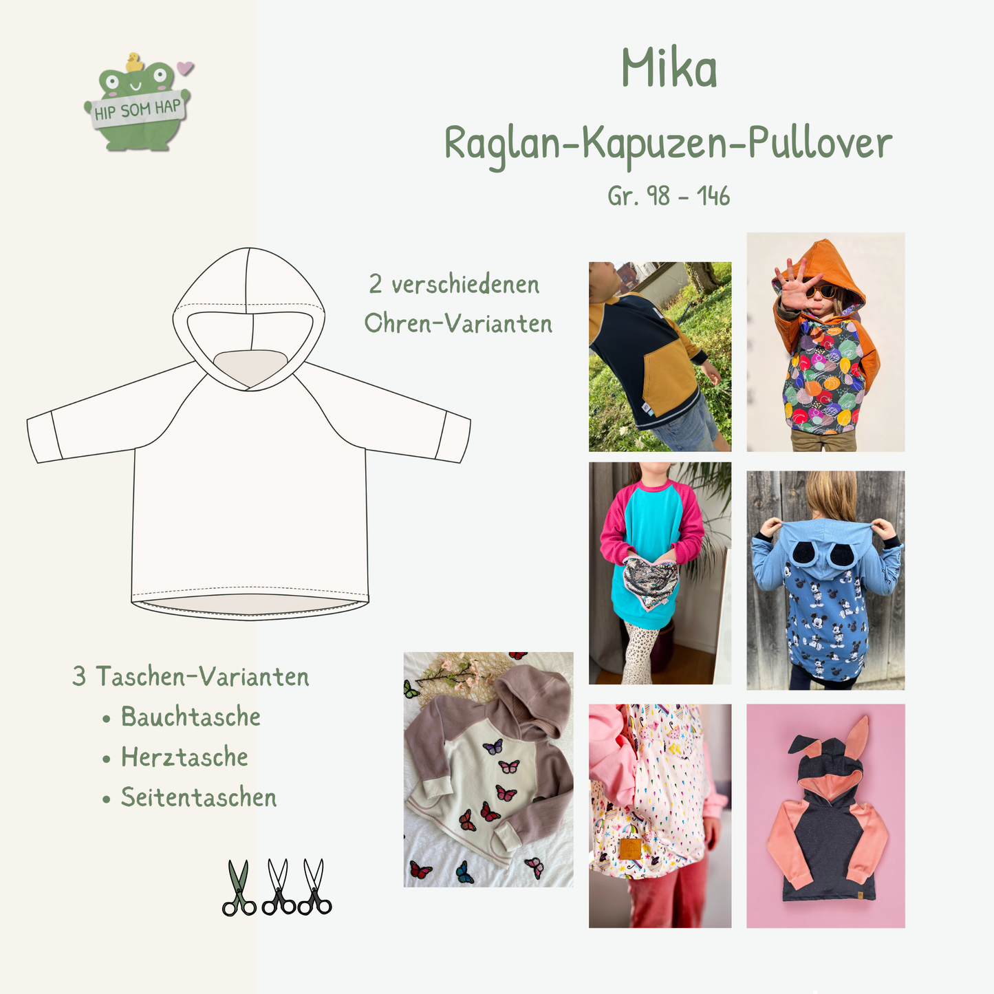 Schnittmuster Hoodie Mika von HIP SOM HAP – Raglan-Kapuzenpullover Kinder Gr. 98–146, drei Taschenvarianten, zwei Ohren-Add-ons, A4 A0 und Beamer-Datei